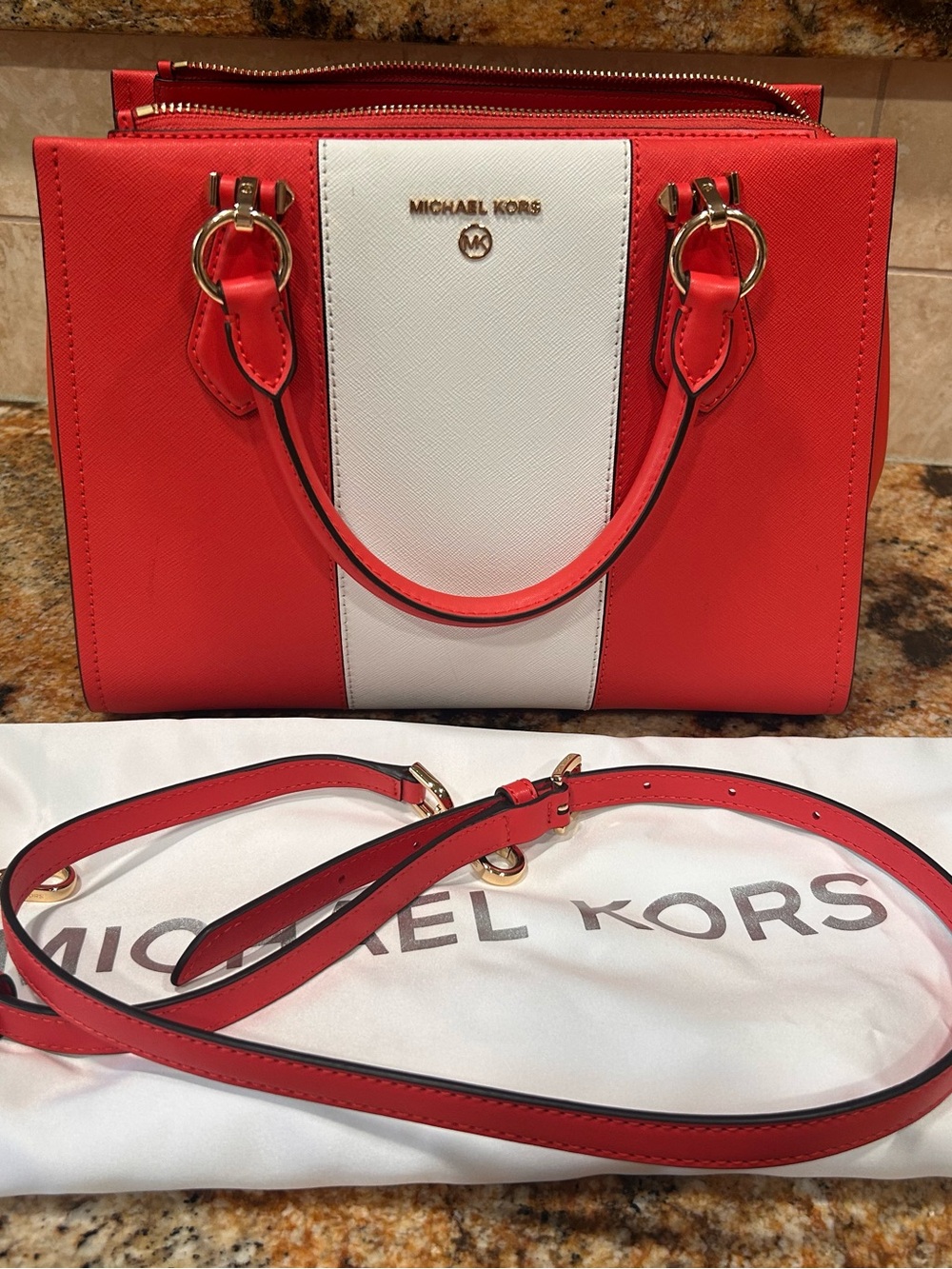 Michael Kors Red and White Saffiano Leather Satchel with Gold Hardware
